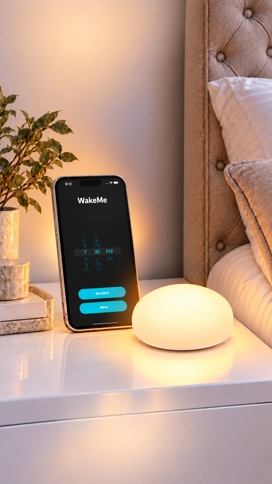 WakeMe wake-up light and the WakeMe app on a smartphone
